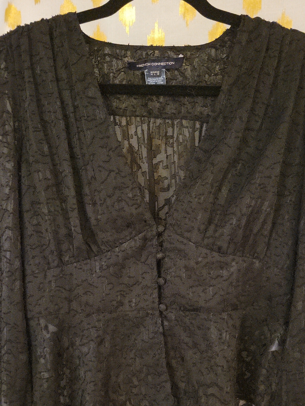 French Connection Black Textured V-Neck Button-Front Blouse